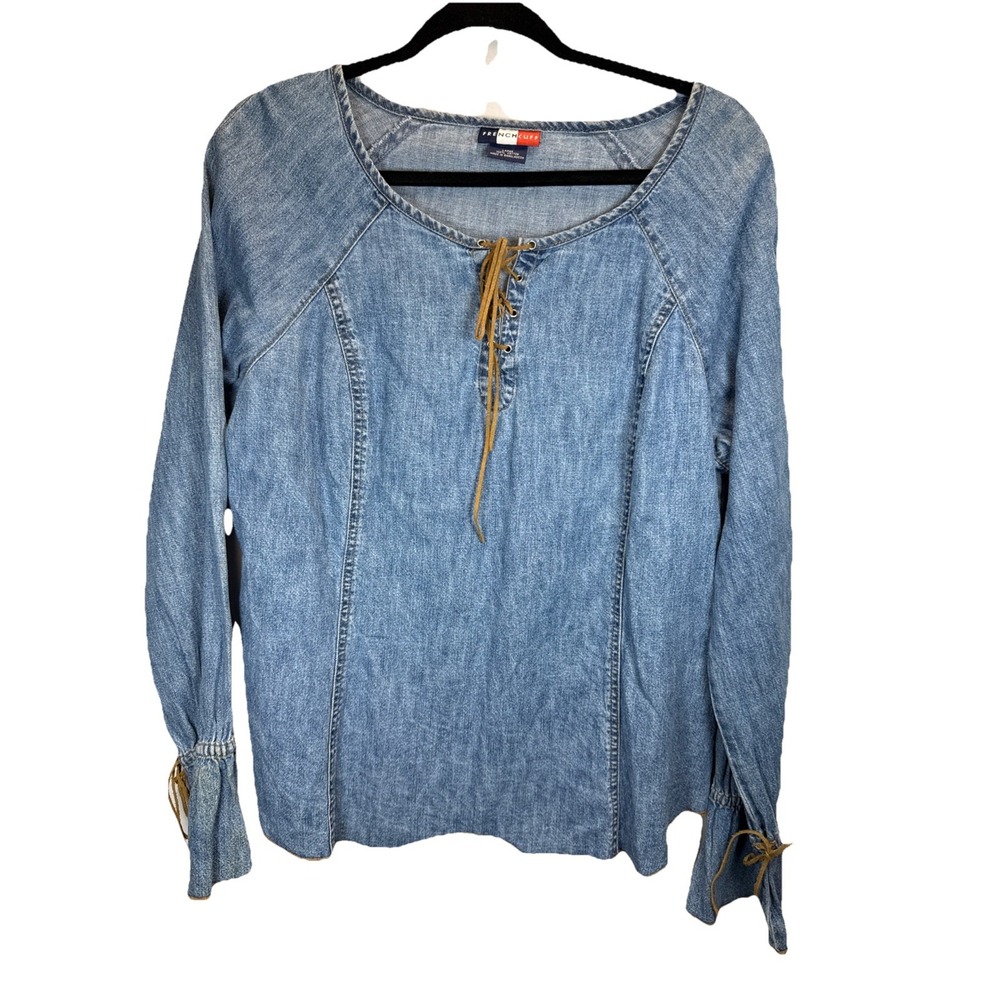 French‎ Cuff - Blue Jean Woman's Shirt with Leather Ties, Size Large